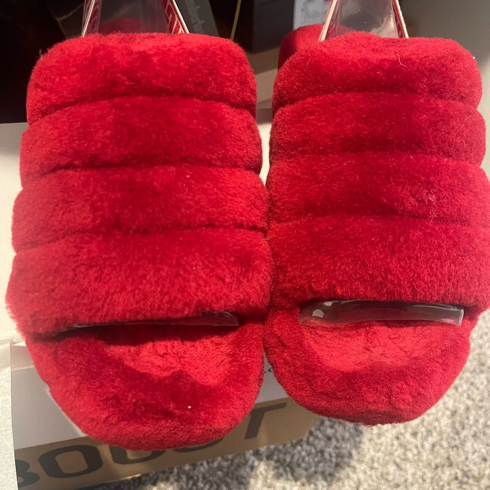 Ugg Red Fluffy Slide Sandals